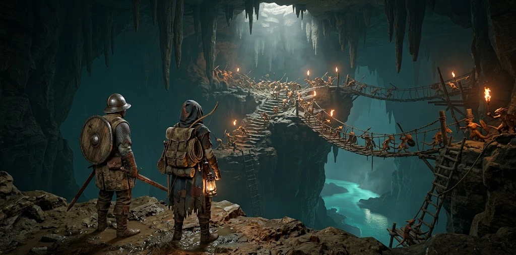 Two adventurers on a cave ledge watching a swarm of kobolds cross rope bridges and stairs in a vast cavern